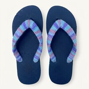 Handmade Upcycled Yarn Wrapped Flip Flops Blue Multi Kids 3 Womens 5